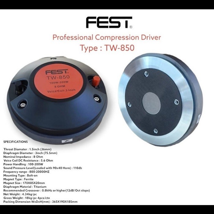 PROFESSIONAL COMPRESSION DRIVER/TWEETER DRIVER FEST TW-850 TW 850