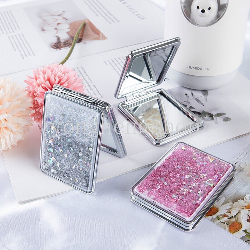 Cermin Saku Lipat Mini Portable Dua Sisi Motif Pasir Glitter Untuk Makeup / Kosmetik Wanita