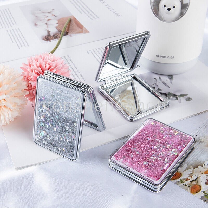 Cermin Saku Lipat Mini Portable Dua Sisi Motif Pasir Glitter Untuk Makeup / Kosmetik Wanita