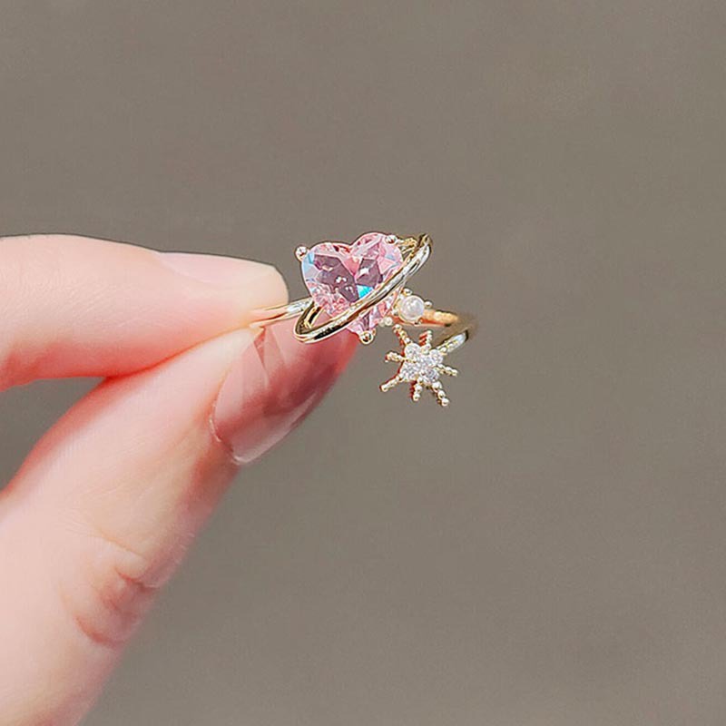 Cincin Model Terbuka Desain Hati Aksen Kristal Warna Pink Untuk Wanita