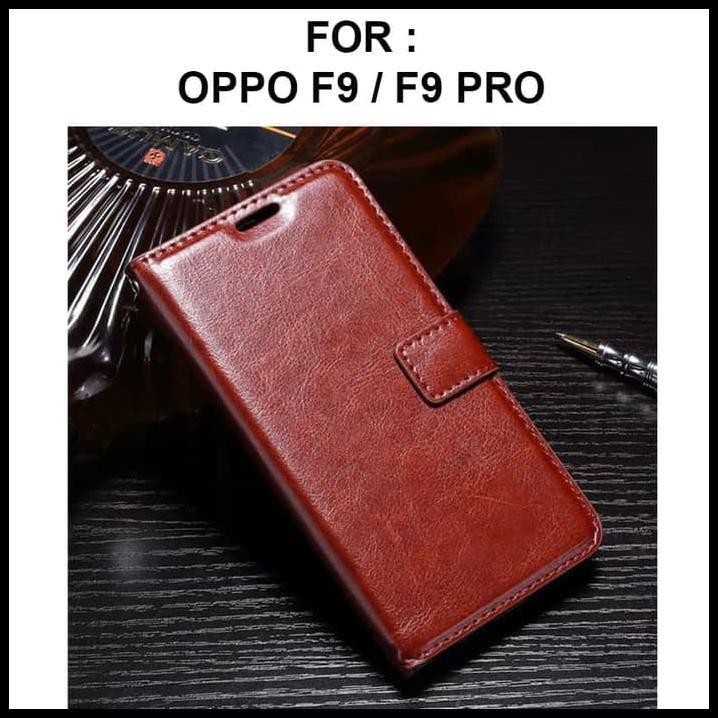 Flip Cover Handphone Flip Cover Wallet Oppo F9 Pro Plus Casing Hp Dompet Kulit Cokelat