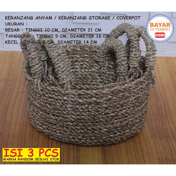 Hiasan Keranjang Anyam Kuping, Cover Pot Anyaman isi 3. Seagrass Basket (size 10,9,8)