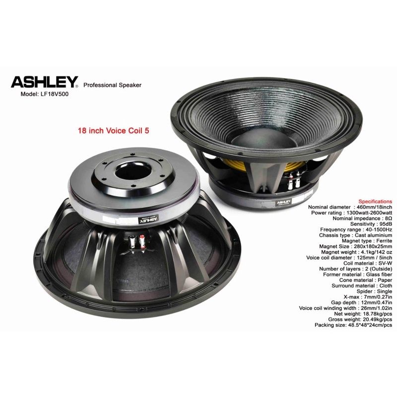 Speaker Component Ashley LF18V500 Original 18 inch LF 18V500 Voice coil 5 inch 2600 watt termurah