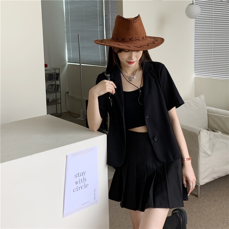 [chaoo.id]Blazer Wanita korean style Lengan Pendek Warna Polos Jaket Potongan Loose