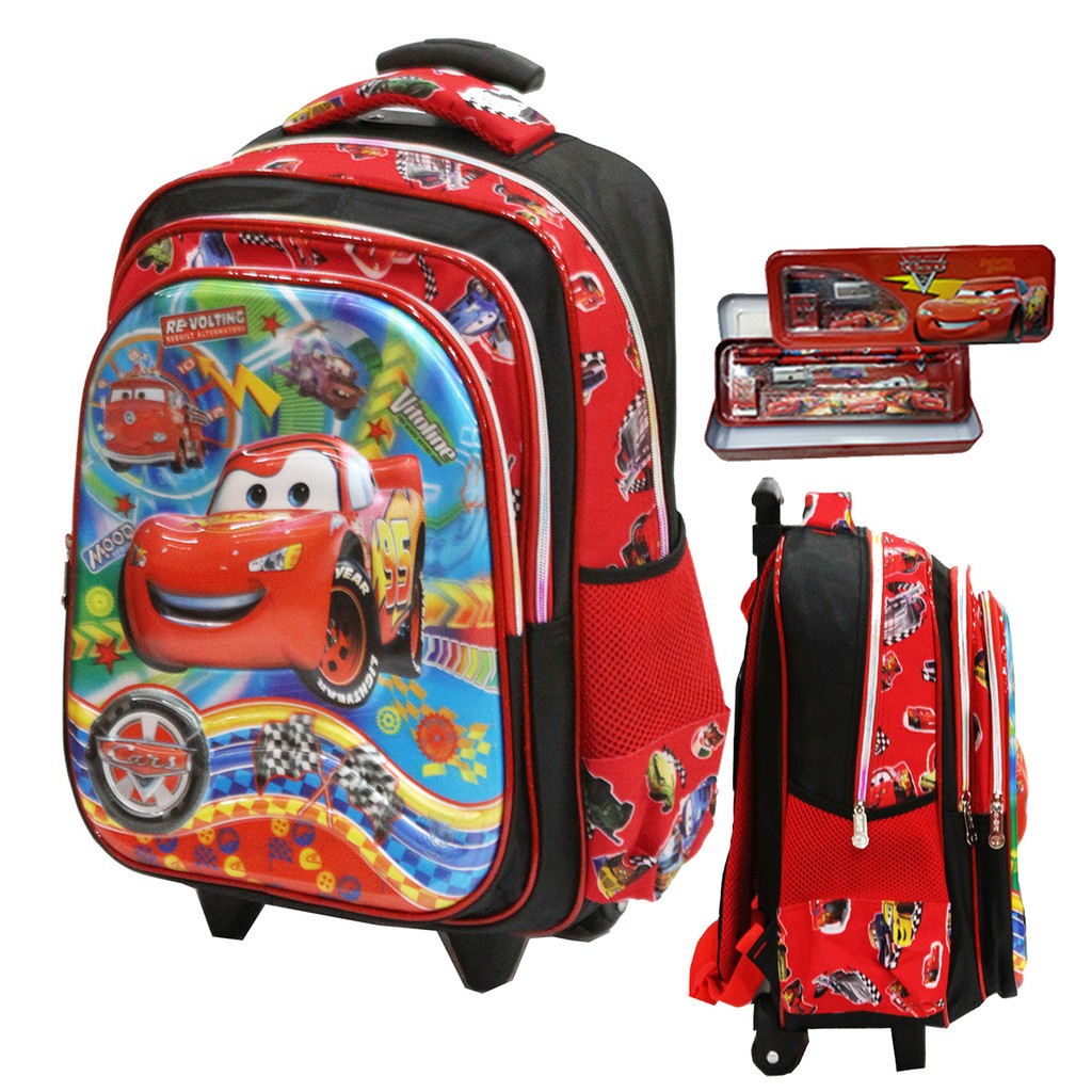 tas sekolah Trolley SD Import Cars McQueen 5D Timbul 3 Kantung+Kotak Pensil perempuan & laki laki