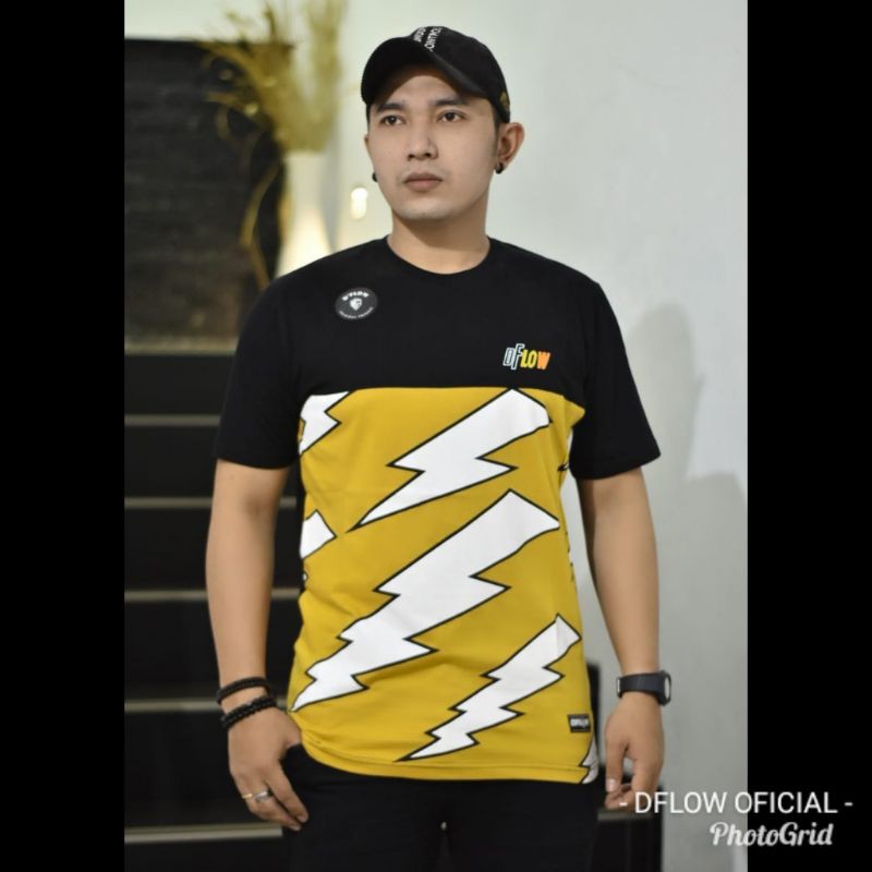 Kaos Pria Distro Dflow Original Free Sticker | hitam kuning thunder