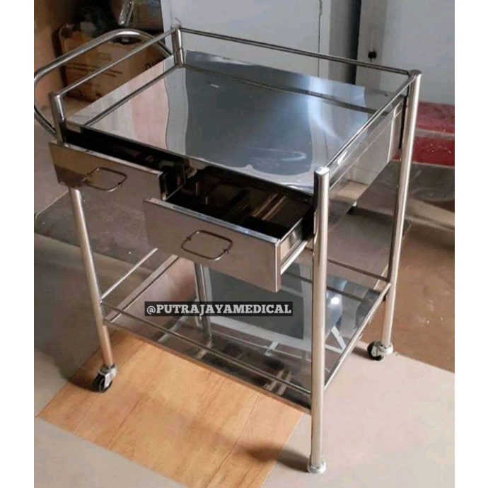 troly meja instrumen 2 rak laci stainless berkualitas / meja instrumen stainless / troli instrument 