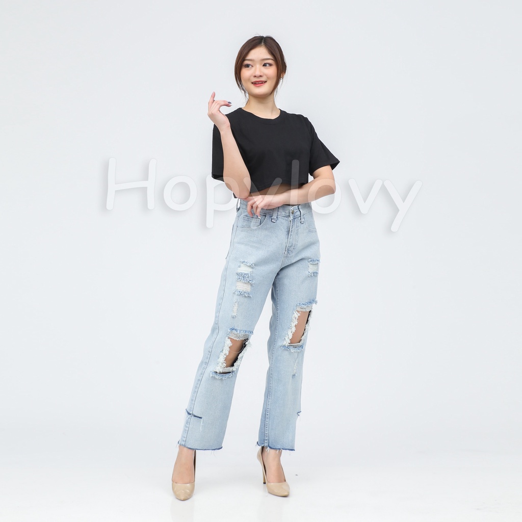 HOPYLOVY Celana Loose Jeans Ripped Boyfriend Jeans Sobek Destroy Wanita Highwaist Adine