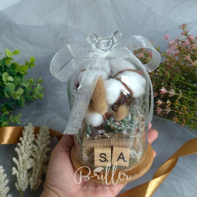 Glass Dome Ring Bearer/Tempat Cincin Nikah - Rustic Cotton Flowers