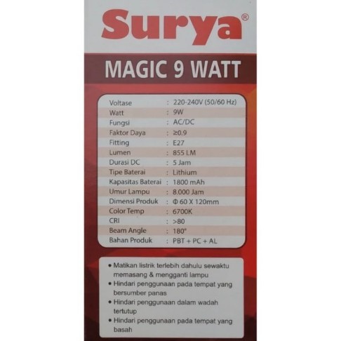 Lampu Emergency LED Surya Magic 9 Watt Rechargeable