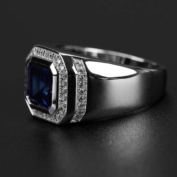 Cincin Perak Mewah Fashion Pria Cincin Tunangan Batu Permata Biru