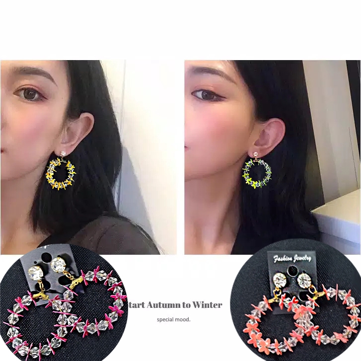 Anting Tusuk Diamod Ala Korea Model Ring Kombinasi Kristal Dan Bunga 411