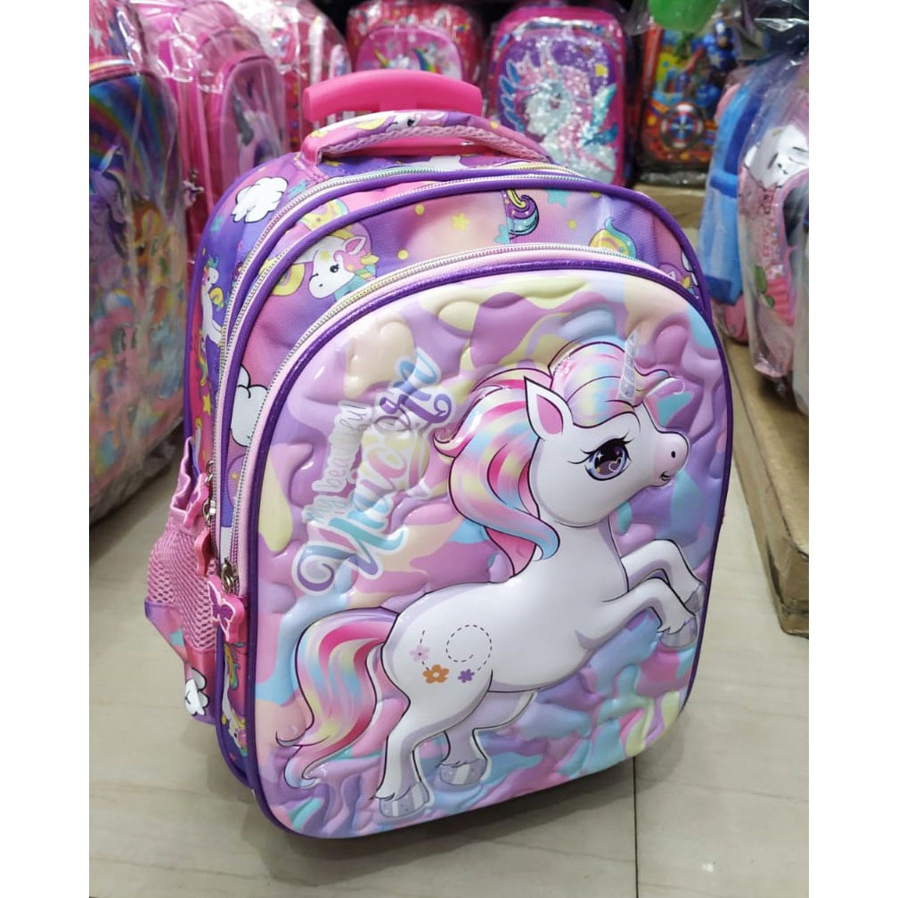 PROMO 10.10 Tas TROLLEY Roda Dorong Anak TK Perempuan Motif Kuda PONY LILAC Glossy Timbul 3Res IMPORT