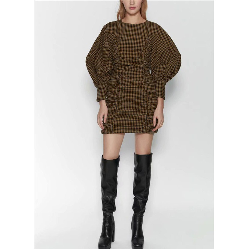 DRESS PUFF SLEEVE IMPORT MURAH 31745 / PLAID DRESS KOREA / DRESS KOTAK