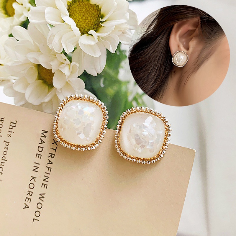 Simple Style Square Shape Simulation Pearl 925 Silver Needle Prevent Allergy Earring for Wedding Bride Accessories