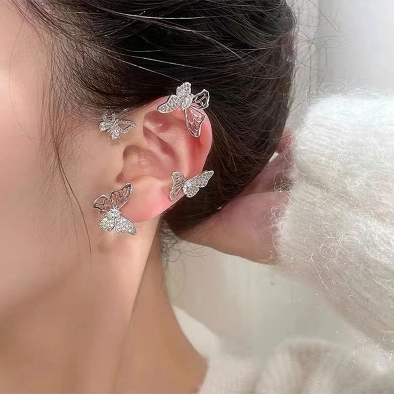 Anting Klip Kait Telinga Wanita Desain Kupu-Kupu Hollow Hias Berlian Imitasi