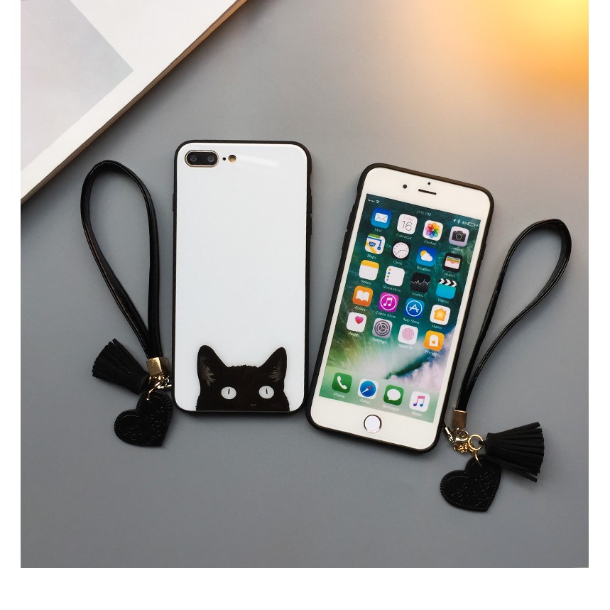 Casing Case TPU + Tempered Glass Motif Kucing + Hati untuk iPhone 6 / 7 / 8 / X / X