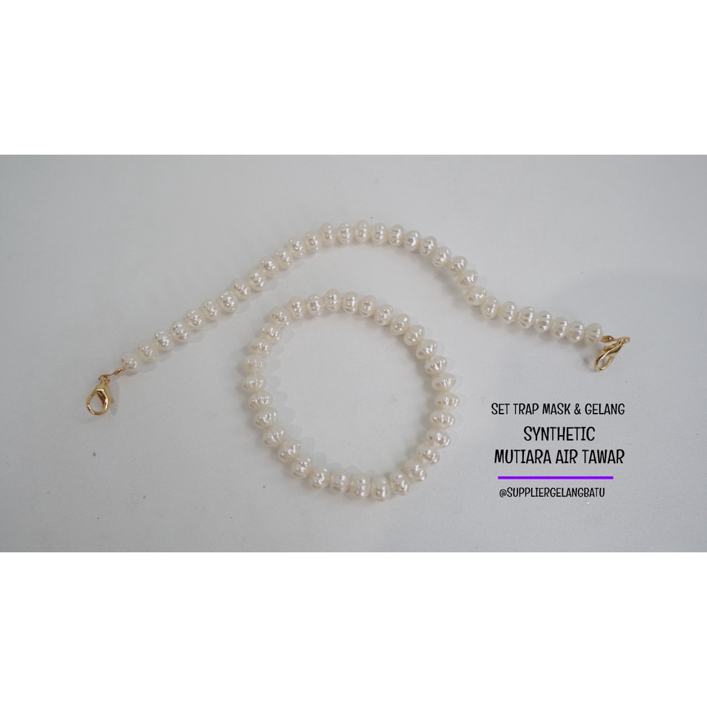 1 set STRAP MASK dan GELANG Mutiara Sintetis BAKPAO 8MM WHITE PEARL