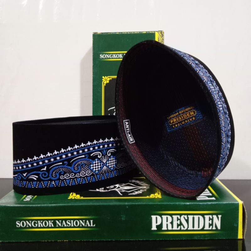 peci songkok kopiah hitam motif batik biru merk presiden/hitam
