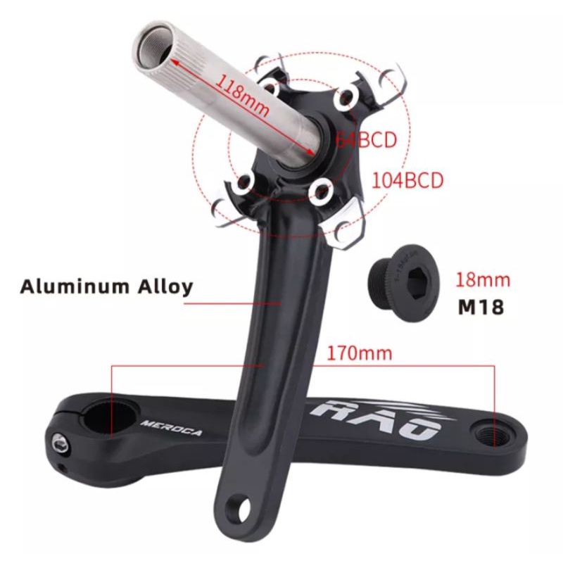 Meroca Rao Crankset HT2 BCD 104 Crank Set Hollowtech Crank Sepeda Hitam