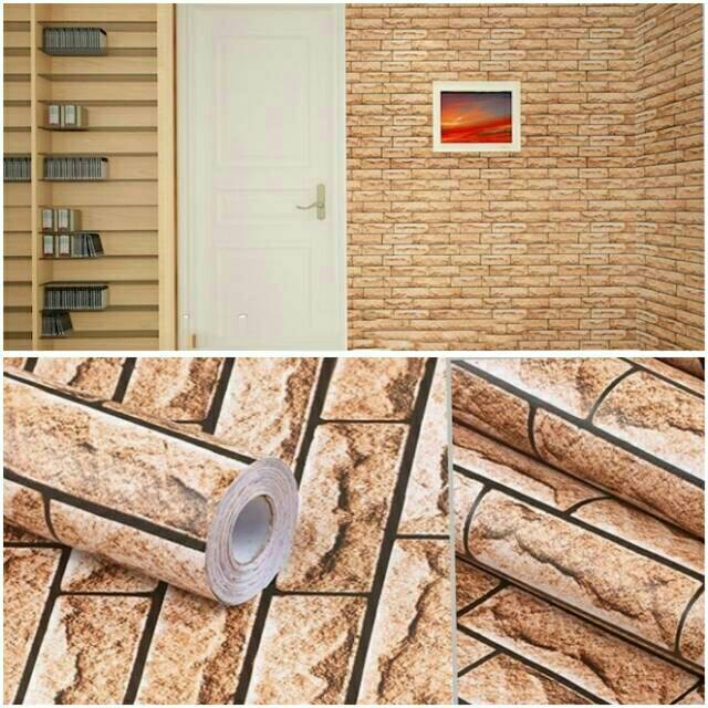 Grosir murah walpaper stiker dinding warna coklat motif batu alam garis hitam