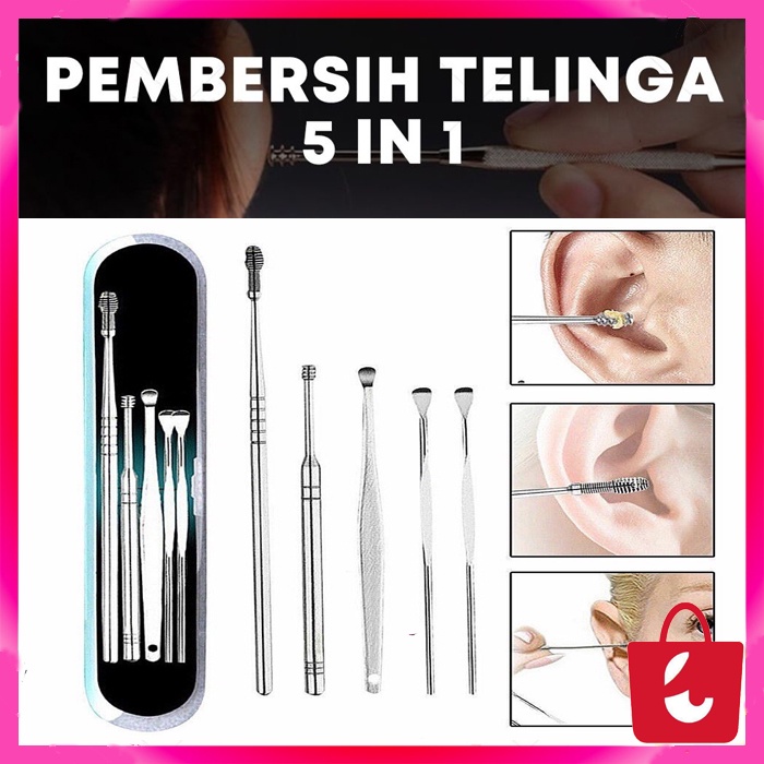 [5 IN1] Alat Pembersih Telinga Stainless 1 Set Korek Kuping Stainless Spiral Lengkap Earpick Kotoran Keras Sedot untuk Dewasa Bayi Balita