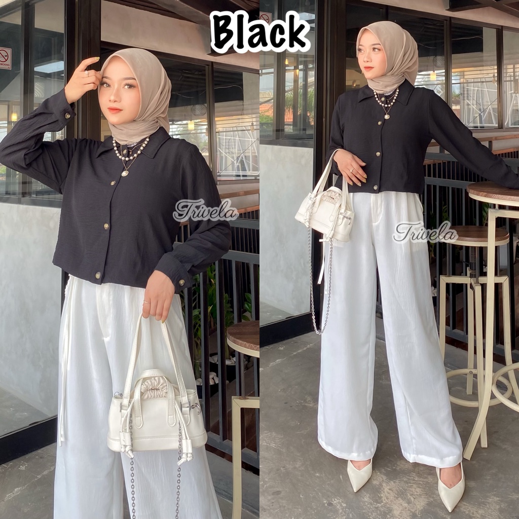 TRIVELA - Hanin Crop Crinkle / Kemeja Crop Cringkel Wanita Premium/ Kemeja Anti Kusut / SJJ