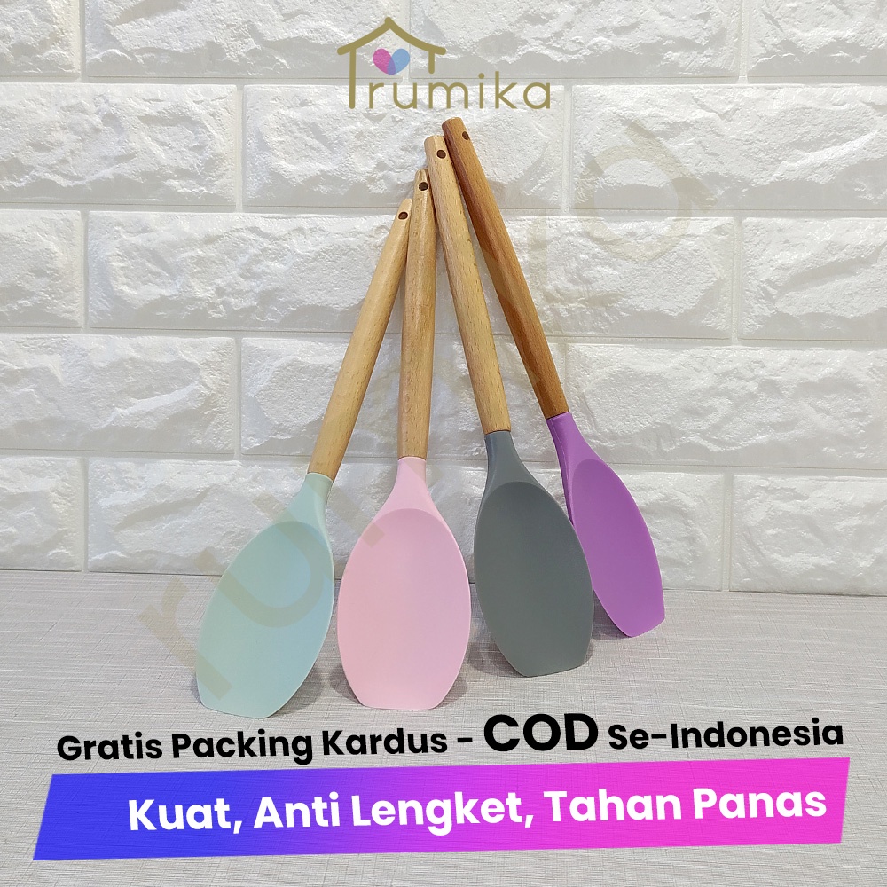 Solet Sutil Spatula Silikon Cekung Gagang Kayu Tahan Panas - 32 CM