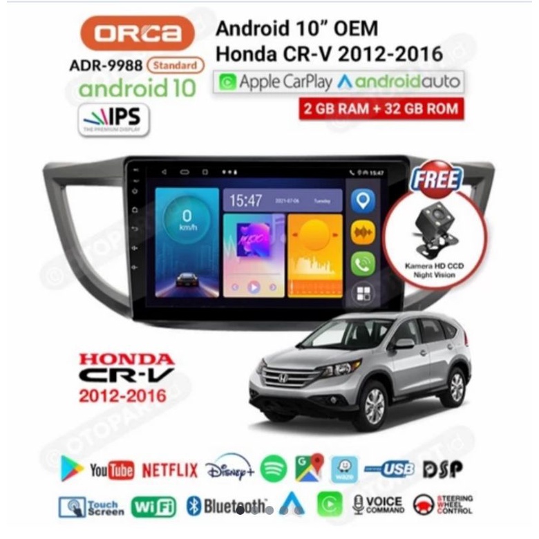 HEADUNIT/TAPE ANDROID ORCA CRV GEN 4 2012 s.d 2015  10 inch Android Auto Carplay