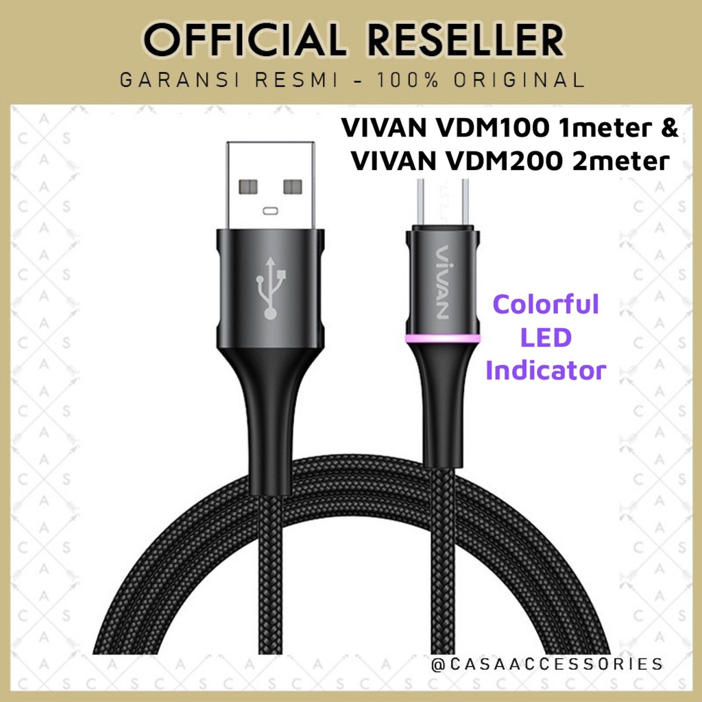 Vivan VDM100 1M / VDM200 2M Micro USB Data Cable LED Light 2.4A