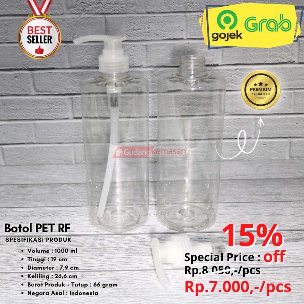 BOTOL PLASTIK PET HANDSOAP RF 1LITER TUTUP PUMP NATURAL PER 25PCS