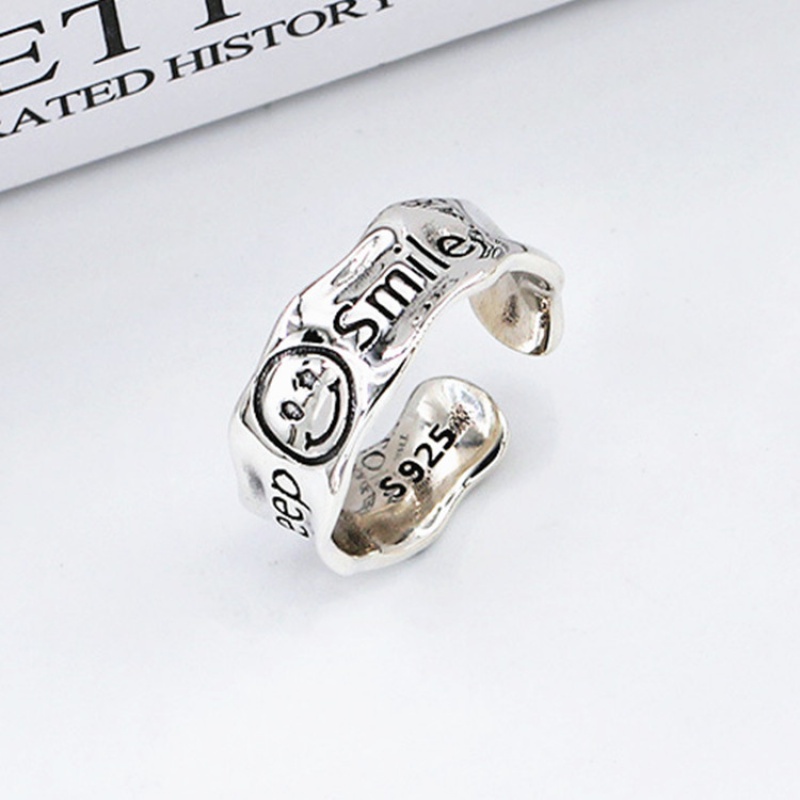 Cincin Model Terbuka Bahan Stainless Steel Motif Tulisan Smile Gaya Retro Untuk Wanita