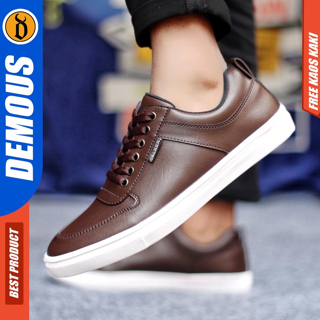 Sepatu Kasual Pria Sneakers Casual Kulit Pu Kerja Polos Hitam Coklat Demous Tiago