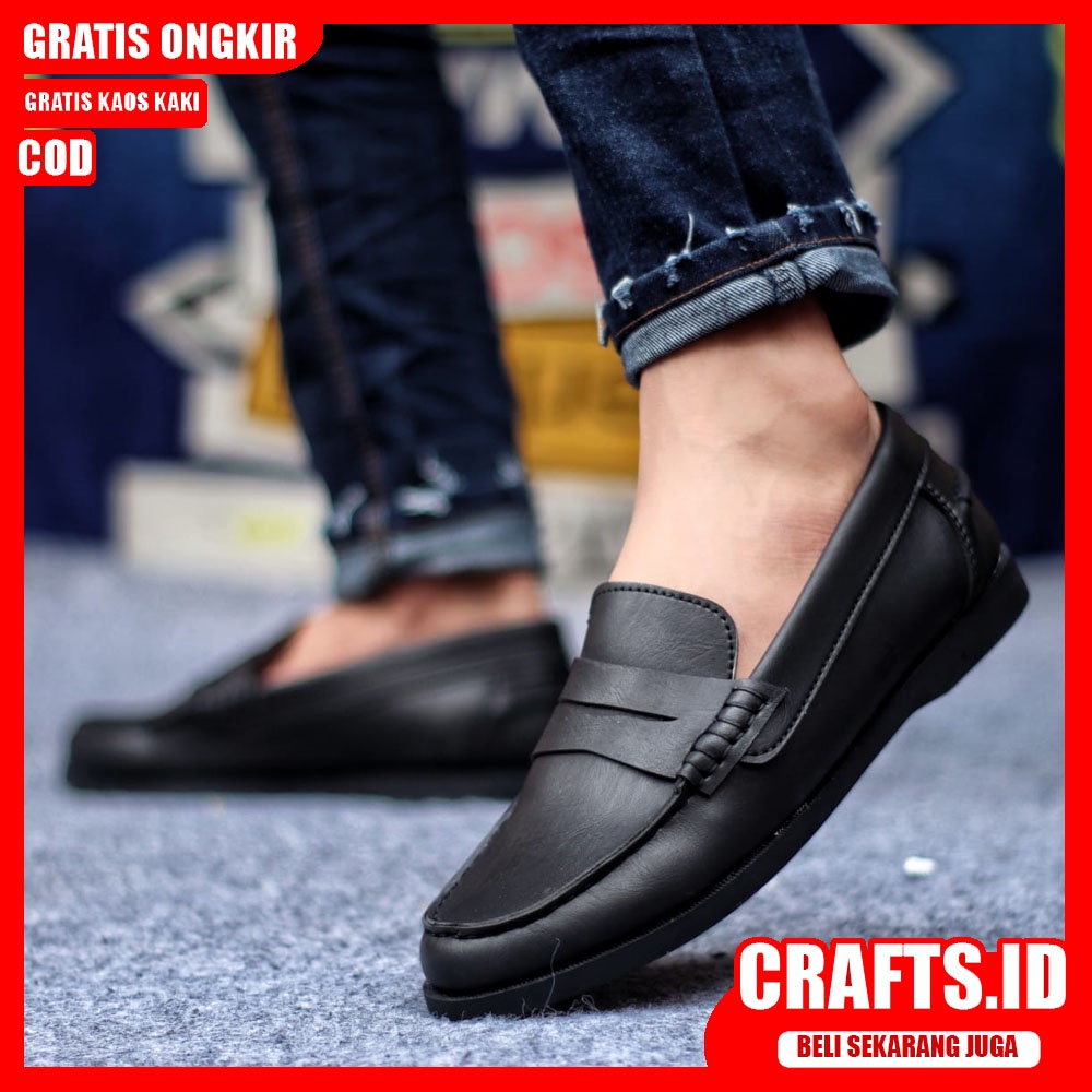 CRAFTS IRISH - Sepatu Formal Pantofel pria Resmi Hitam Kerja Casual Slip On Kulit PU