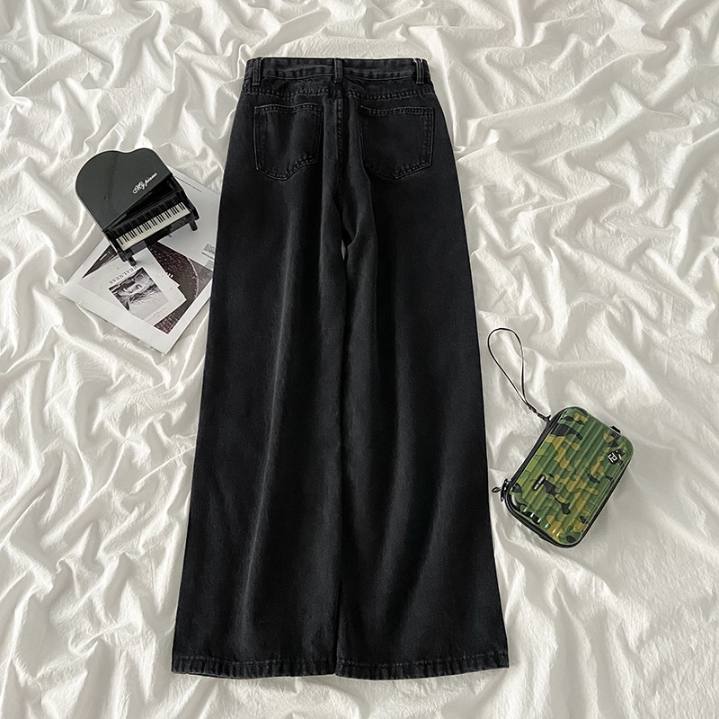 Embroidery love straight celana jeans wanita pinggang tinggi high waist celana korea abg import