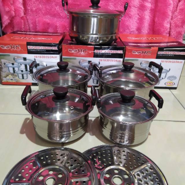 COD PANCI 5 SUSUN TUTUP KACA + KUKUSAN - PANCI 5 SUSUN STAINLESS STEEL + STEAMER