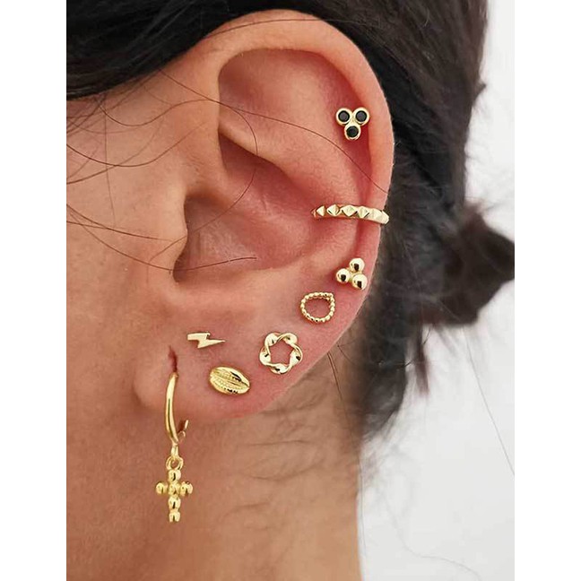 LRC Anting Tusuk Fashion Golden Cross Lightning Scallop Flower Ear Stud Set D63521