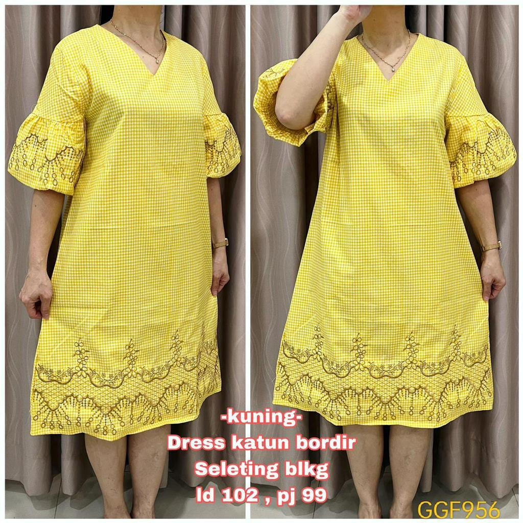 GGF956 Dress Wanita Katun Leher V Kotak Kotak Bordir Lengen Puff Balon Karet LD102 PJ99