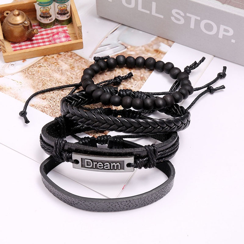 Dream Gelang Pria Wanita 4-Piece Set Kulit Sapi Paduan Tali Dikepang Manik-Manik Disesuaikan Gelang Hadiah