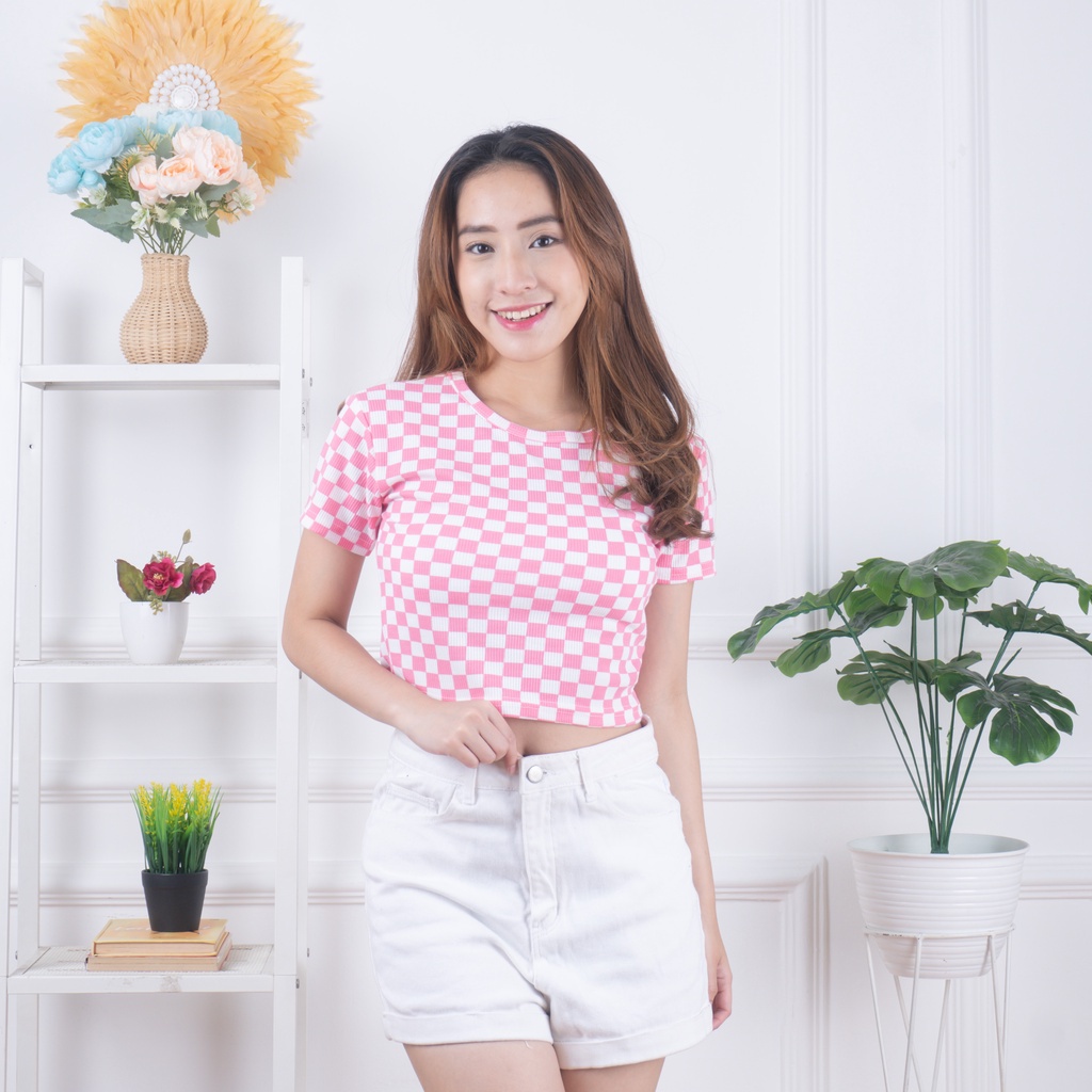 ZASKIYA - Checker Catur Crop Top Rib / Atasan Wanita Crop Top