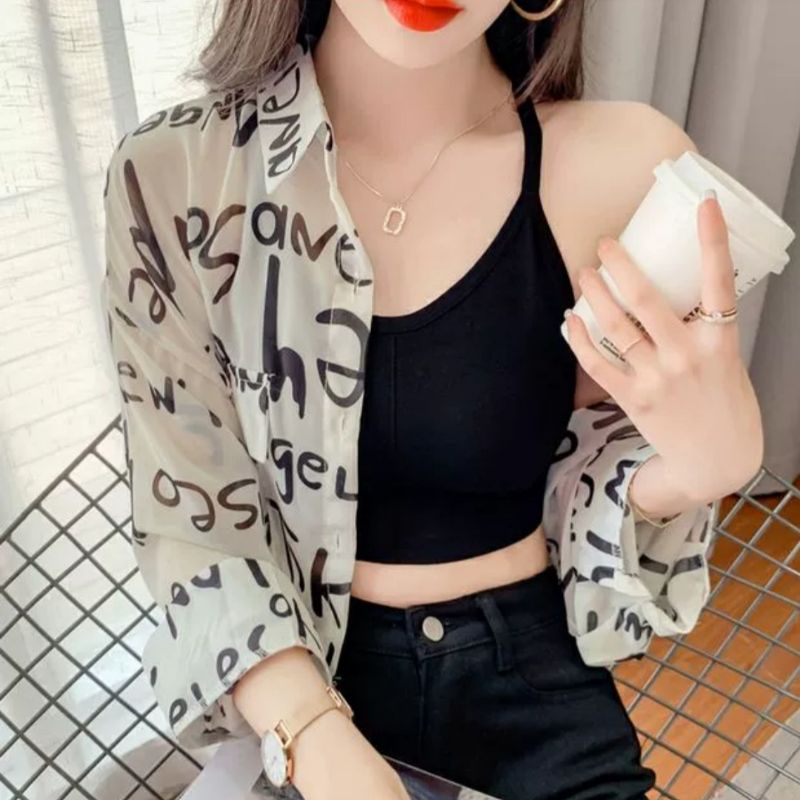 MDLV ~ 22662# Lennox Crop Shirt kemeja Chiffon Alfabet Kemeja Crop Lengan Panjang Kemeja Korea Fashion Import