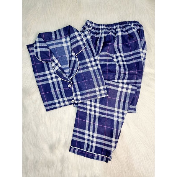 Baju Tidur Piyama Wanita/Cewek Pajamas Dewasa Katun Motif Daun-CP BURBERRY NAVY