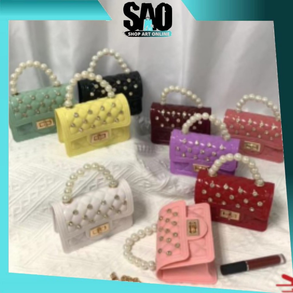 SAO - Tas Jelly Glossy Mini Classic Diamond Pearl Selempang Wanita Tas Mini Rubber T5156