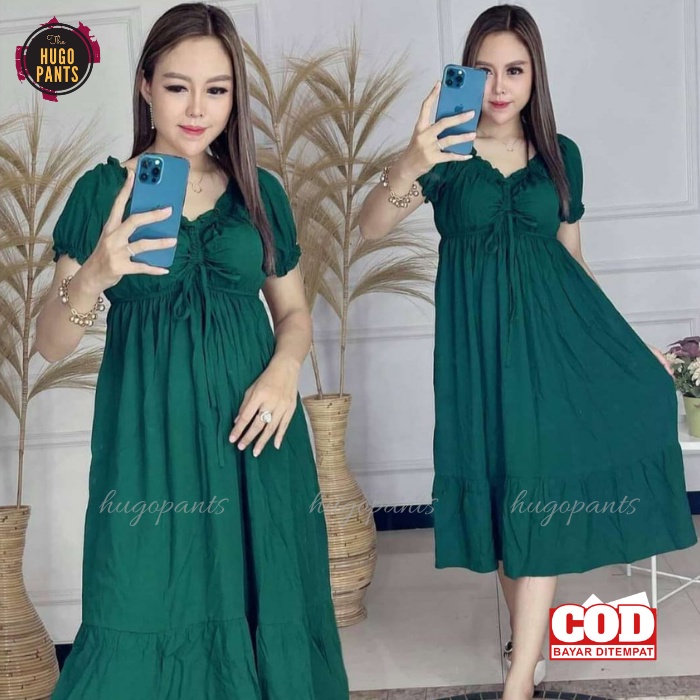 Daster Serut Dada Casandra Bali Kekinian Bahan Rayon Polos Wanita Remaja-hujau botol