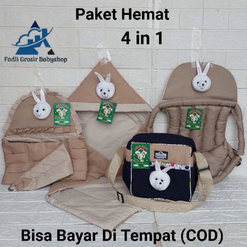 Paket Hemat (4 in 1) Tas Bayi Polka Boneka  Gendongan Bayi Samping Boneka Kelinci Gendongan Depan Boneka Kelinci Dan Selimut Bayi Boneka Kelinci