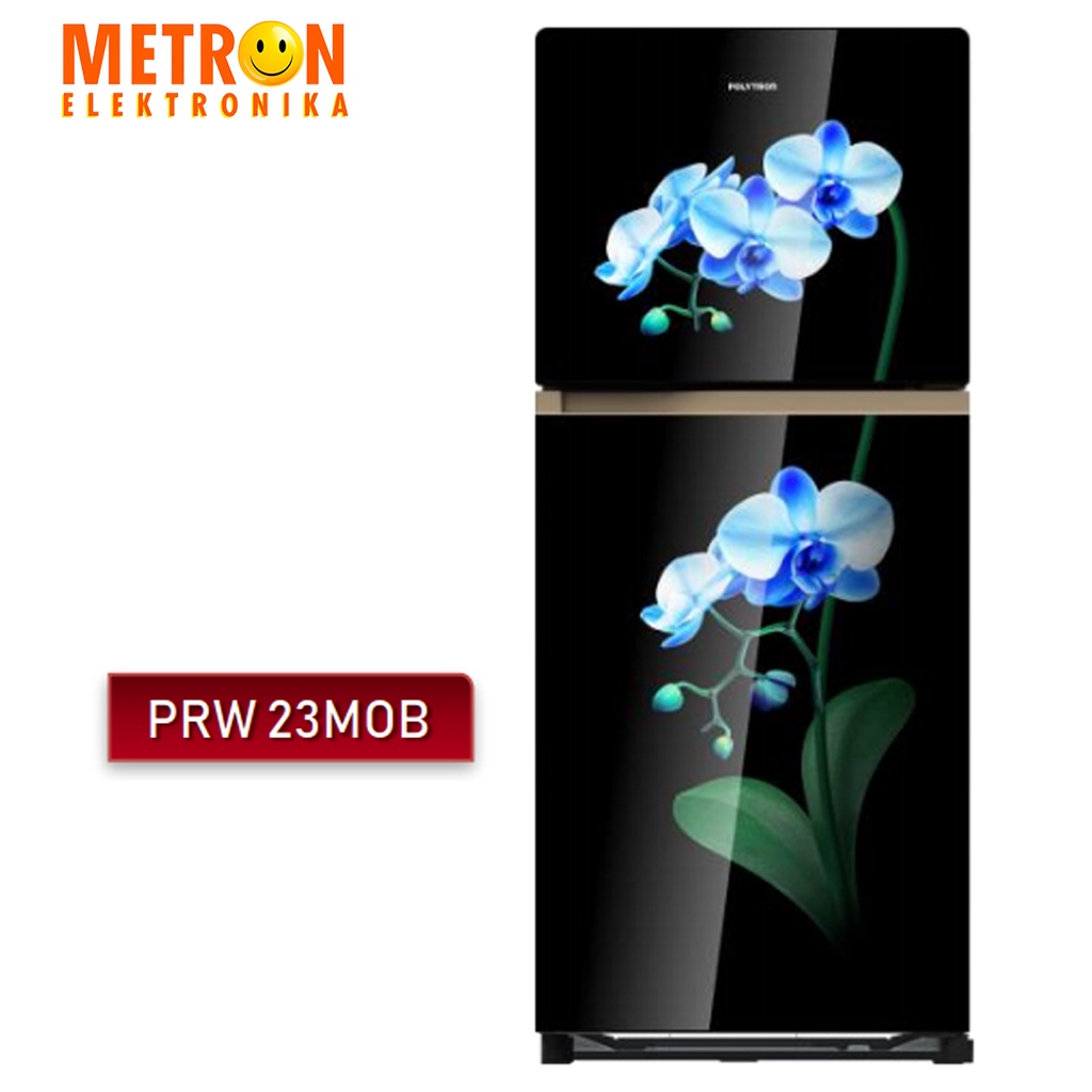 POLYTRON PRW 23 MOB KULKAS 2 PINTU 220 LT BLACK BLUE ORCHID GLASS DOOR / PRW23MOB