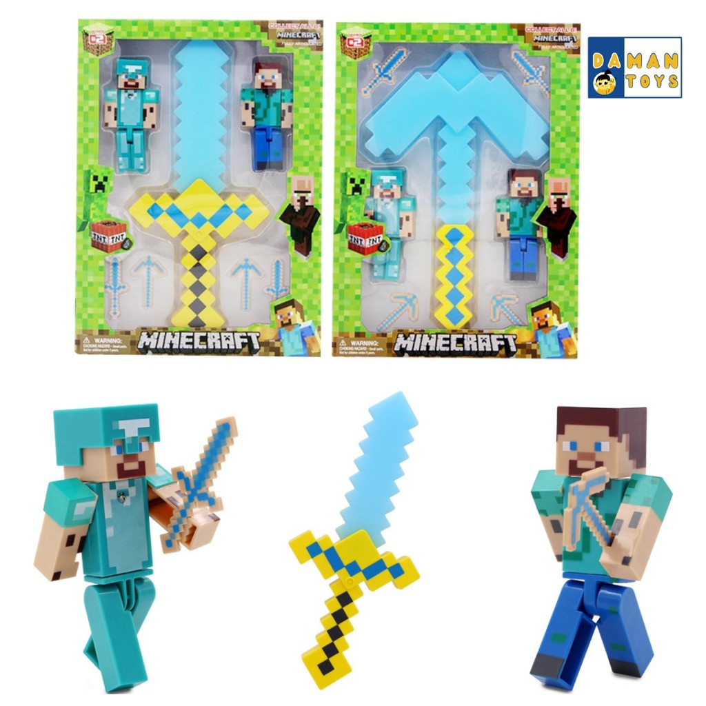 Pedang Minecraft  Minecraf Minicraft Mine Craft Figure Steve Sword Kampak  Pickaxe Sekop Shovel Dungeon Mainan Pedang  Lampu