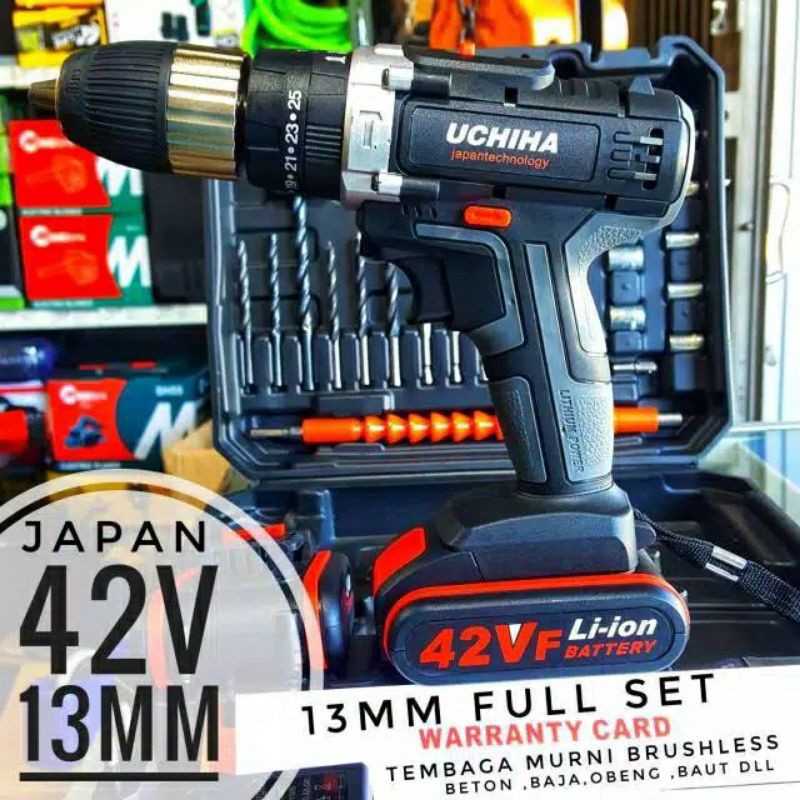 mesin bor cordless UCHIHA 42VOLT drill fullset bor tanpa kabel