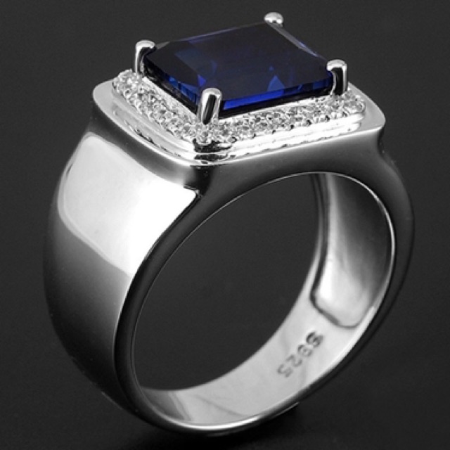 Cincin Perak Pria Sterling Silver 925 Batu Blue Safir Cubic Zirconia Size Bisa Diubah-ubah / Resize