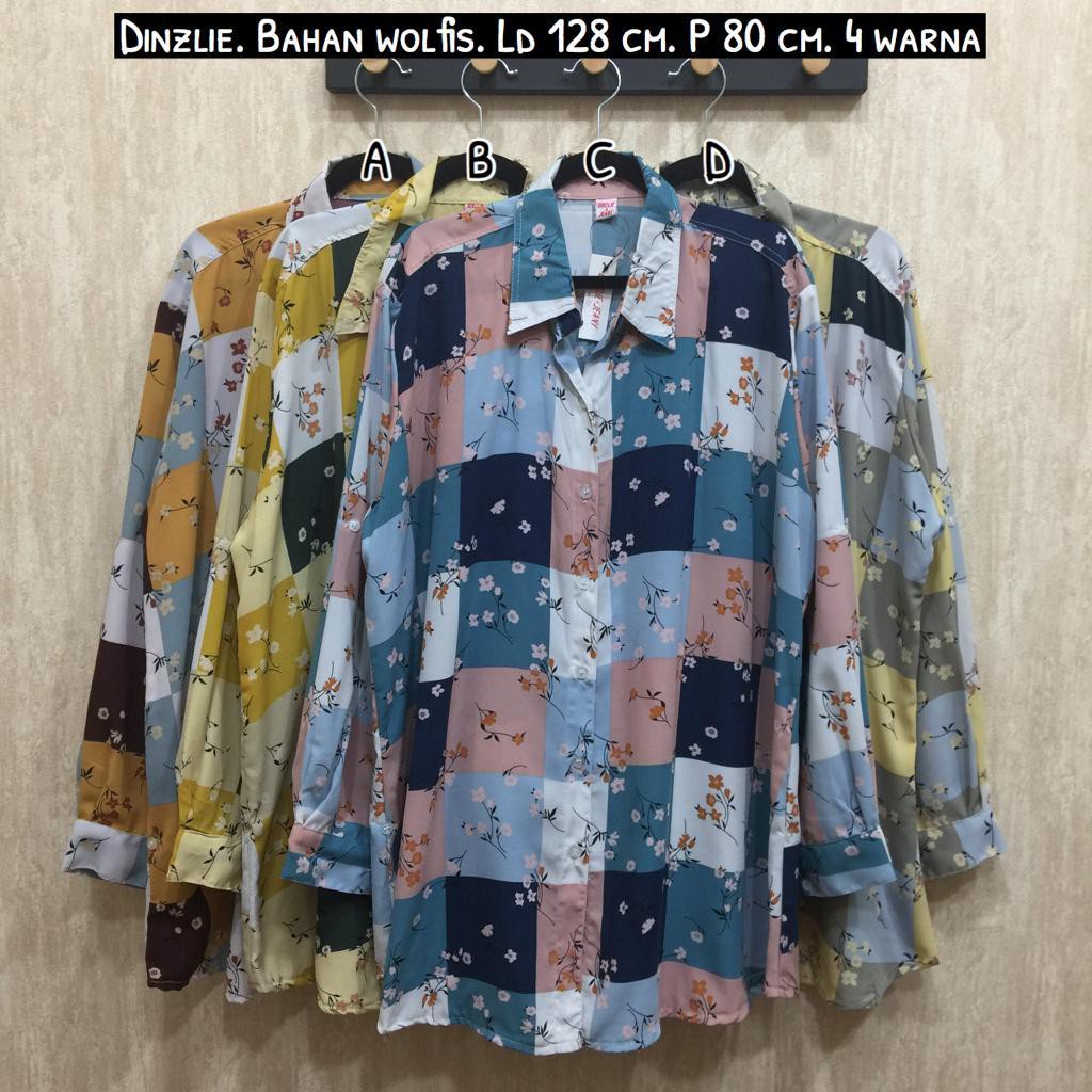 KEMEJA WANITA MOTIF KEKINIAN BUNGA KOTAK BAHAN WOLFIS BIGSIZE JUMBO BESAR DINZLIE